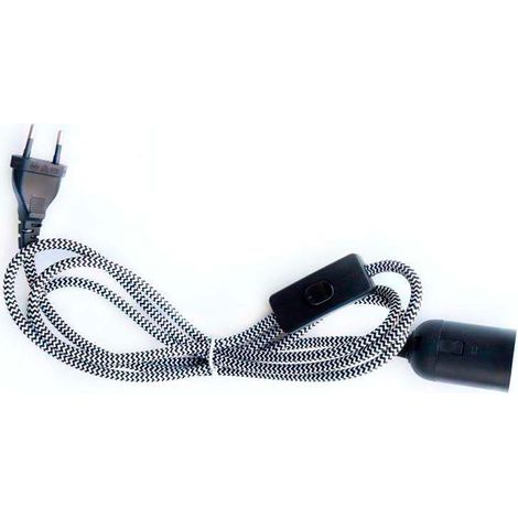 Cable textil E27 con interruptor y enchufe, 2m, negro-blanco