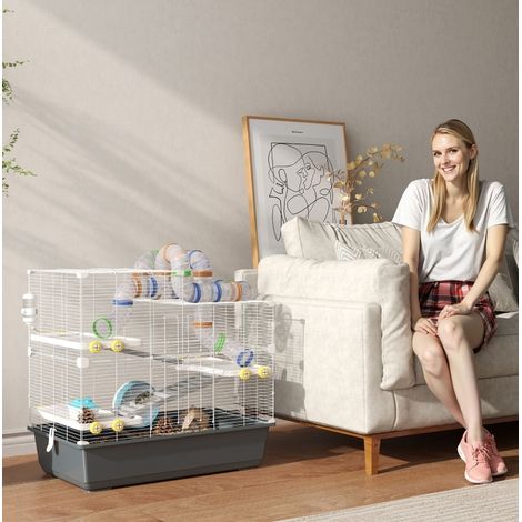 Gabbia per criceto nano a 4 livelli, sistema di tunnel, 78 x 45 x 73 cm, grigio OKMYHOME (1/5)