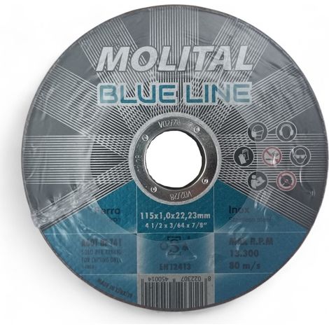 DISCO TAGLIO FERRO ACCIAIO INOX 115mm DISCHI 10pz SMERIGLITRICE BLUE LINE MOLITAL, "115x1,6x22"