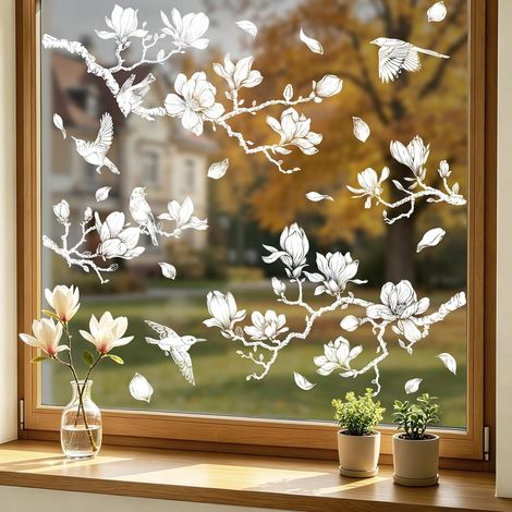 Stickers Fenetre Magnolia Blanches et Oiseaus - Autocollant Fenêtre Fleur Décoratif, Stickers Vitres Electrostatique Anti-Collision pour Fenêtres, Portes, Cuisine, Bureau et Chambre (1/5)