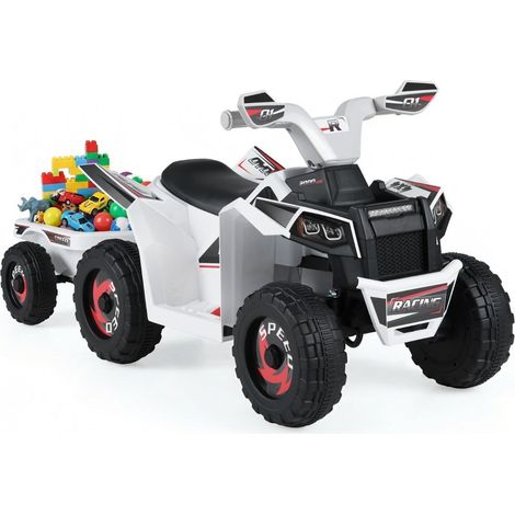 Quad électrique 6V pour enfants avec remorque, roues robustes, blanc