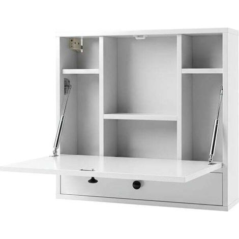 Bureau mural rabattable blanc avec plateau, tiroir et 6 niches, vérins à gaz et fermeture magnétique pour bureau et chambre