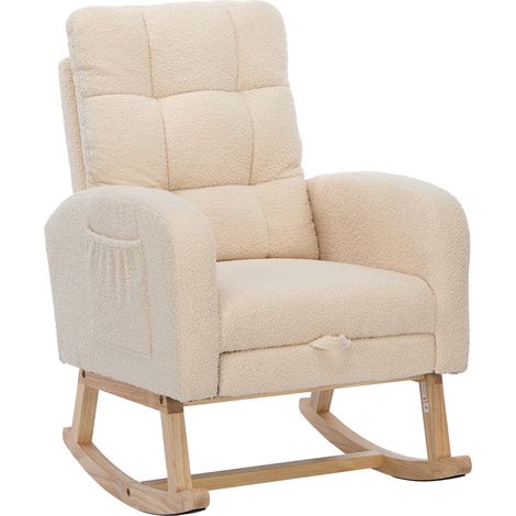 Sedia a dondolo beige in bouclé con struttura in legno, schienale alto e tasche laterali (1/5)