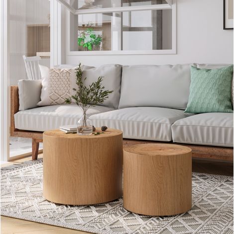 Set de 2 mesas de centro nido 48x48x38/38x38x32 cm madera natural en madera maciza y MDF con tableros de anillos (1/5)