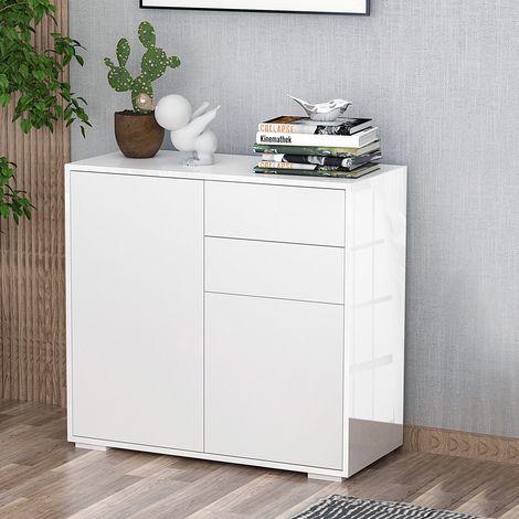 Meuble à 2 tiroirs et 2 portes, ouverture par simple pression, pour la maison et le bureau, 79 x 36 x 74 cm, blanc mat (1/5)