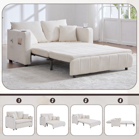 Canapé en tissu multifonction, Canapé pliable extensible (Double usage Canapé/Lit) — Avec poches de rangement sur les accoudoirs, port de charge USB et porte-gobelets (Tissu chenille beige)