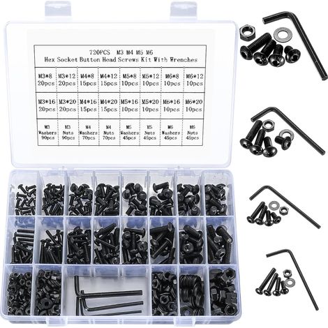 720 Pièces Boulons,Écrous,Rondelles Acier Carbone M3 M4 M5 M6 Noir Vélo Moto (1/5)