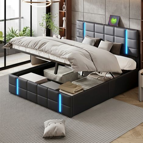 Lit coffre 140x190 cm, lit double capitonné avec éclairage LED et USB et tête de lits, fonction de charge, lit adulte avec sommier à lattes, PU, sans matelas, noir (1/5)