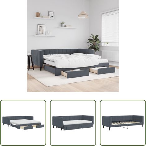 vidaXL Doppelbett - Tagesbett Ausziehbar mit Schubladen Dunkelgrau 100x200 cm Samt (1/5)