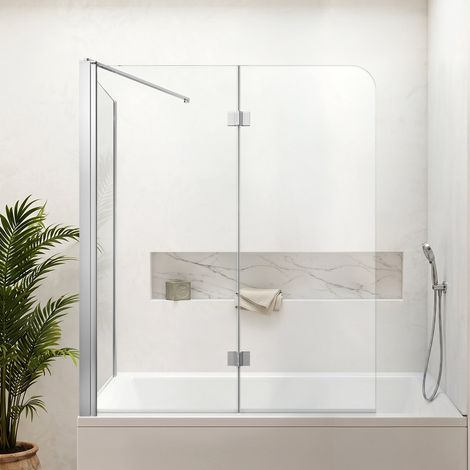 Pare Baignoire Pliant 700/1200x1400 mm Paroi de Douche Pliage à 180°, Verre Trempé 6 mm, Traitement Nano Facile à Nettoyer, 1 Panneau Fixe 2 Rabattables, pour Salle de Bains Domestique, Argent (1/5)