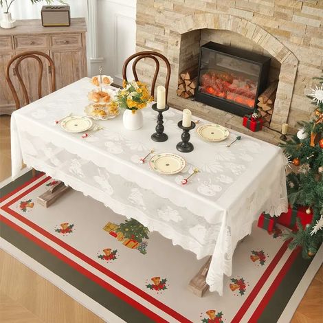 Nappe de Noël en Dentelle - Romantisme Rétro Nappe Rectangulaire pour Repas de Fête et Décoration d'Intérieur Blanc-140220cm (1/5)