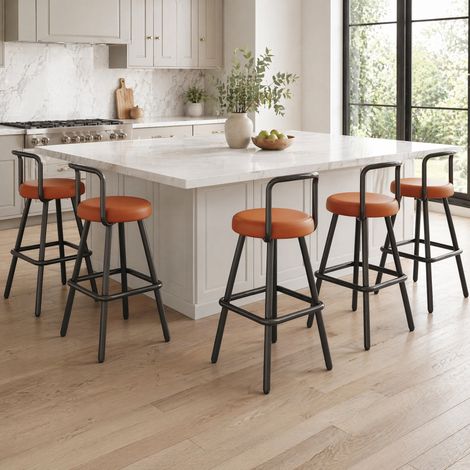 Lote de 6 taburetes de bar con respaldo ergonómico, PU repelente al agua, patas de metal, marrón (1/5)