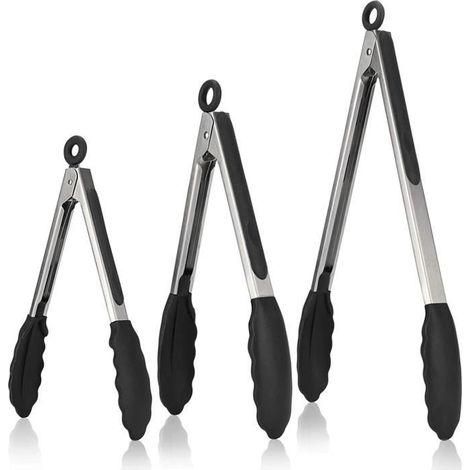 3 pinces cuisine barbecue en acier inoxydable 18/8, poignées silicone résistantes à la chaleur, ustensiles de cuisine polyvalents pour gril et plancha