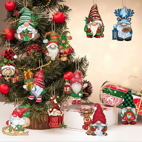 Gnome - Bois Naturel - Décoration Arbre De Noël - Suspendu - 12 Pièces (1/5)