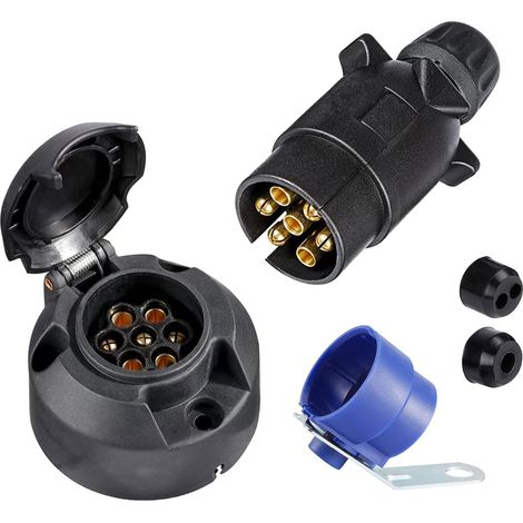 Prise De Remorque 7 Broches Étanche, 12V Prise Attelage Femelle Et Male Avec Support De Fiche Bleu (SK0702B) (1/5)