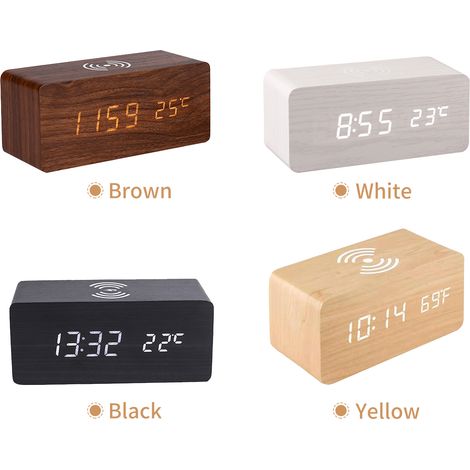 Reloj despertador digital de madera con pantalla LED para la hora, carga inalámbrica de 10 W, 3 alarmas, indicador de fecha y temperatura, color amarillo. (1/5)