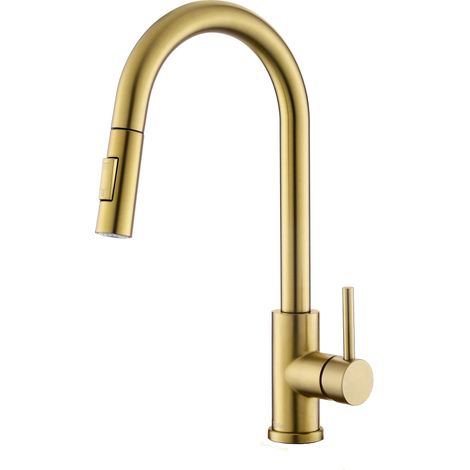 Robinet de cuisine doré brossé avec douchette extensible, mitigeur haute pression pour cuisine, moderne en acier inoxydable (1/5)