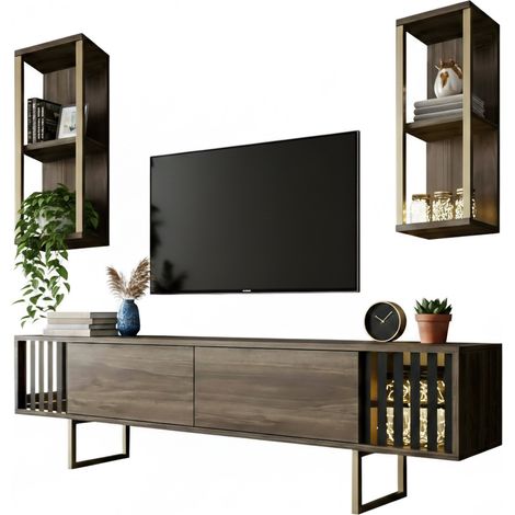 Dmora - Mueble de televisión Dliveran, Aparador de salón, Mueble bajo para TV, Base de pared equipada, 180x30h48 cm, Nogal y Negro