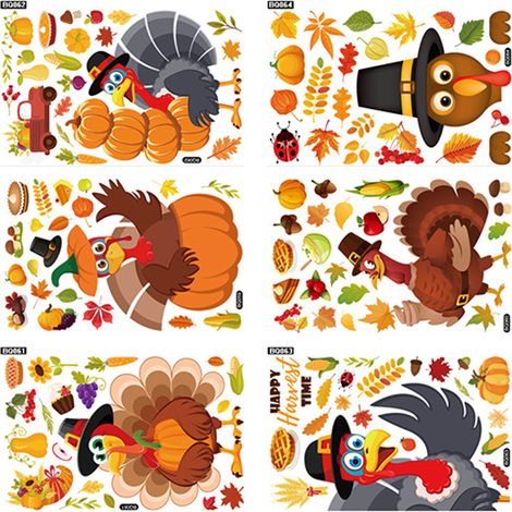 Autocollant Fenêtre - Décoration Automne Thanksgiving - Pommes De Pin Dinde Feuilles D'érable Citrouille - 12 Pièces (1/5)