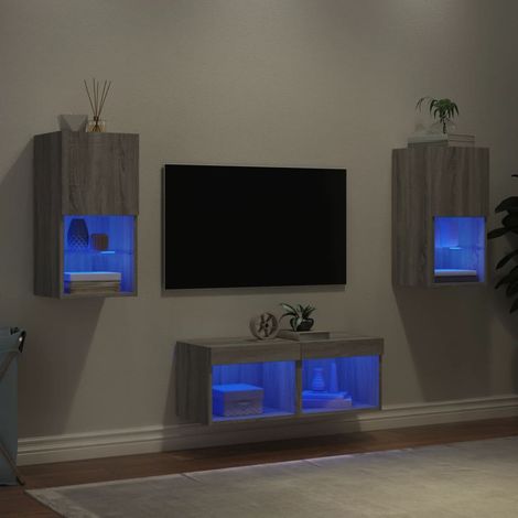 4-tlg. TV-Wohnwand mit LED-Leuchten Grau Sonoma