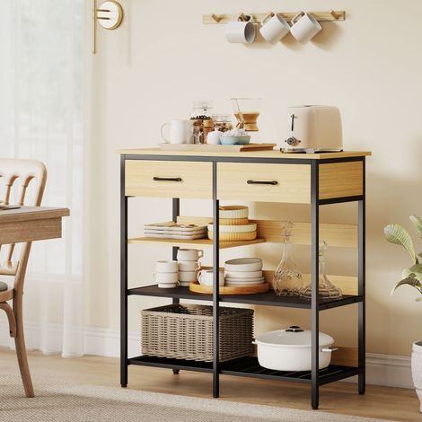 Buffet Sideboard 90x91x40cm - Meuble d'Entrée Industriel avec 2 Tiroirs et 3 Étagères Ouvertes - Bois Naturel (1/5)