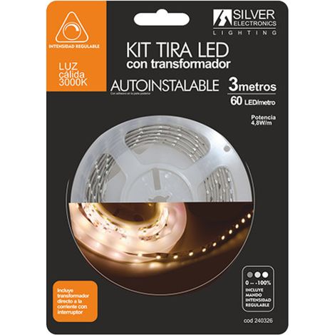 Kit Tira Led 3m 12v 4,8w/m Luz Calida 3000k Ip20 Incluye Alimentador Y Regulador Monocolor De 230vac 240326