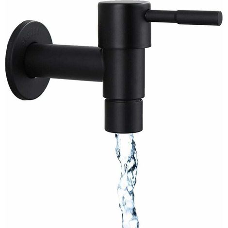 Robinet mural rapide noir à usage unique pour salle de bains, en acier inoxydable, adapté pour une utilisation en extérieur comme robinet de jardin, ou pour machine à laver dans la maison, la cuisine