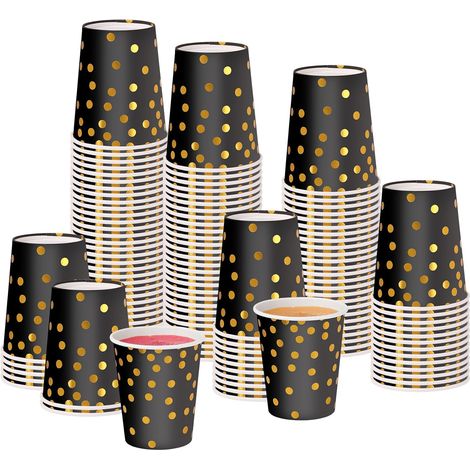 Lot de 100 Gobelets, Papier, 250 ml, Pois Dorés, Noir, Boissons Chaudes Froides, Fête (1/5)