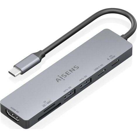 Docking USB Tipo-C Aisens ASUC-7P048-GR/ 1xHDMI 4K/ 2xUSB/ 1xUSB Tipo-C/ 1xUSB Tipo-C PD/ 1x Lector de Tarjetas/ Gris