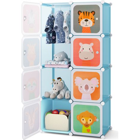 8-Cube Kids Wardrobe Closet with Clothes Hanging Section and Doors-Blue (1/5)