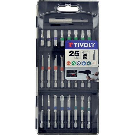 Tivoly • Set di punte per cacciavite standard e a torsione 25 pezzi • 24 punte per cacciavite lunghe e ad anello + 1 portapunte magnetico • Attacco esagonale Ø6,35 mm