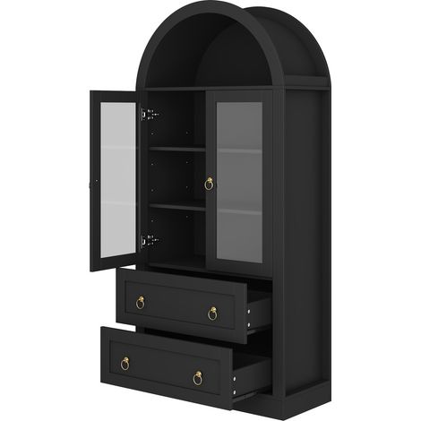Credenza alta ad arco con ante in vetro e cassetti 80x36x170 cm in pannello truciolare nero MODENUIT (1/5)