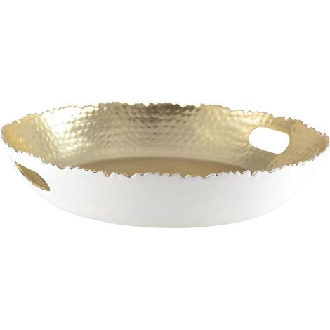 Plateau Rond de Service et Décoration en Aluminium Martelé Blanc et Doré 33x33x5,5 cm - PANGIVO (1/3)