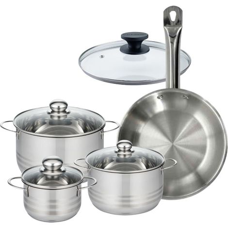 Set 1 poêle 28 cm en inox et 1 couvercle verre, 3 faitouts inox 16, 20 et 24 cm Fackelmann Eterna (1/5)