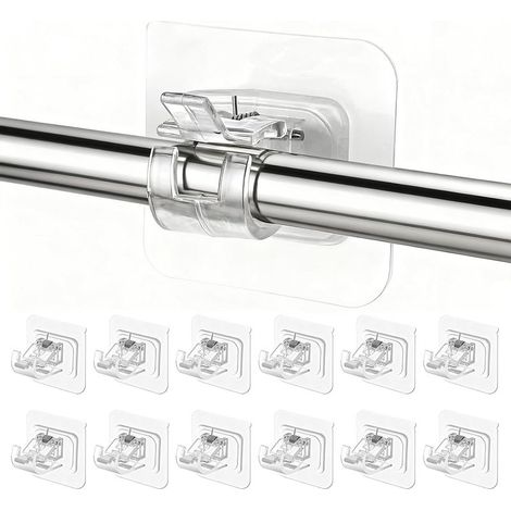 12 Pièces Support Tringle Rideaux sans Percage, Crochet Rideau Adhesifs Transparent avec Accroche Barre Porte pour Porte-Serviettes, Salle Bain, Hôtel, Cuisines (1/5)