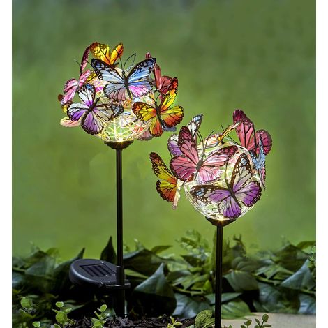 Décoration lumineuse solaire papillons pour jardin - [Lot de 2] Lampe solaire LED papillon étanche à piquet pour jardin, pelouse, terrasse ou cour - Éclairage d'allée extérieur (Multicolore) (1/5)