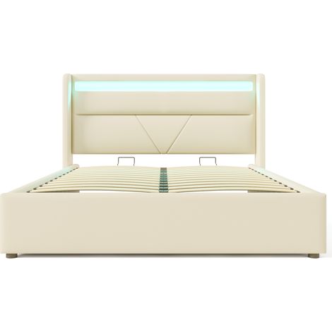 Hydraulisches Bettgestell 160 x 200 cm mit LED-Leiste, gepolstertes PU-Bett weiß MODENUIT (1/5)