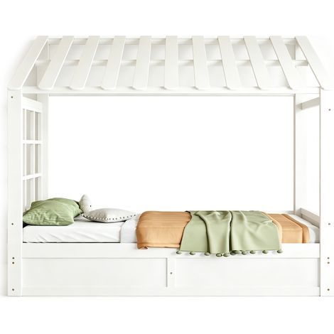 Lit cabane enfant 90x200 en bois avec toit et fenêtre, lit avec coffre de rangement hydraulique et étagères latérales, Blanc (1/5)
