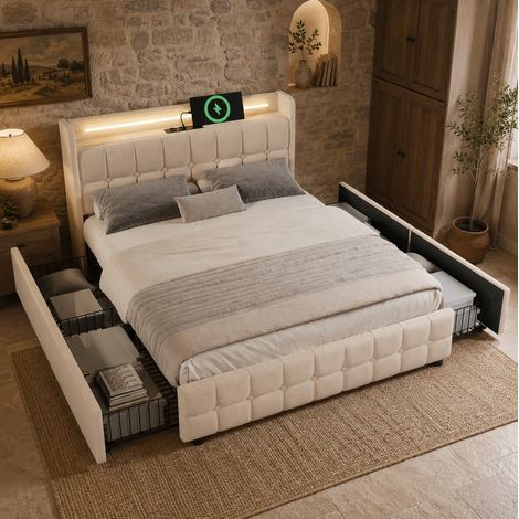 Cama tapizada moderna 140x200 cm con cabecero USB y enchufes, LED, 4 cajones, estructura de madera y metal, beige (1/5)