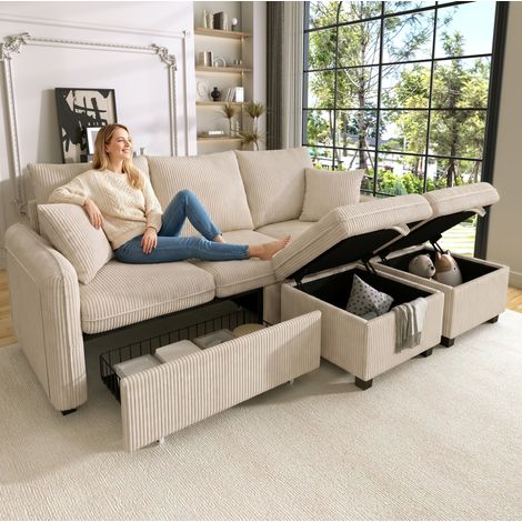 Canapé 3 places en tissu côtelé beige convertible avec 2 poufs de rangement et tiroirs (1/5)