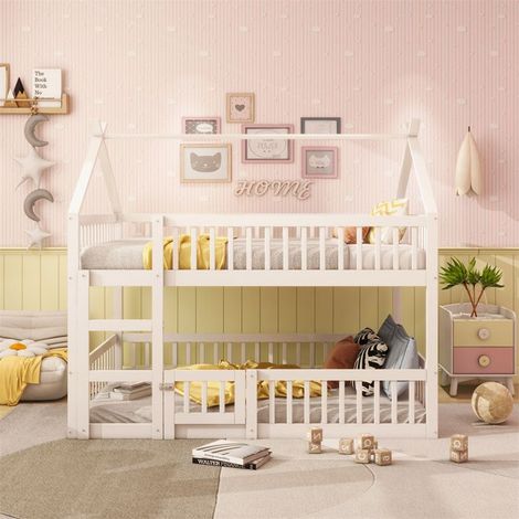 Lit superposé enfant 140x200 blanc en bois massif avec escalier - mezzanine, sommier à lattes, 2 places