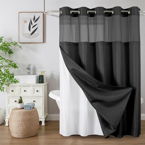 Rideau de douche sans crochets avec tissu à pression, rideau de douche imperméable avec fenêtre transparente en haut, rideau de salle de bain luxueux et résistant pour hôtel (1/5)