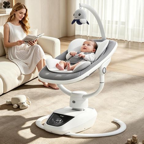 transat bébé électrique 180° réglable 3D, avec télécommande, 5 modes, 4 vitesses, 3 hauteurs de siège, 8 chansons d'apaisement, balancoire bébé 0-12 mois (coloris gris) (1/5)
