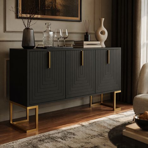 Sideboard mit 3 Türen und verstellbaren Einlegeböden, 138 x 40 x 80,5 cm, schwarz HAVRYA (1/5)