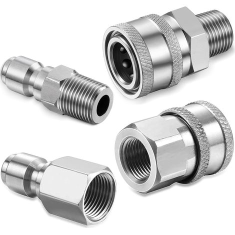 Lot de 4 raccords pour nettoyeur haute pression - Raccord rapide 1/4" - Accessoire pour nettoyeur haute pression (argenté) (1/5)