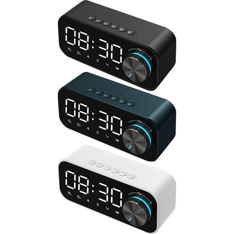 Radio-réveil numérique avec haut-parleur Bluetooth, affichage LED de l'heure et de l'alarme, et surface miroir pour bureau. (1/5)