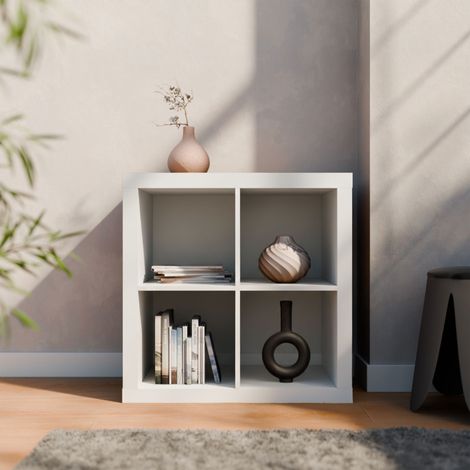 Etagère bibliothèque cubique 2 niveaux 4 compartiments. casiers. effet bois blanc. L 76 x P 39 x H 76cm (1/5)