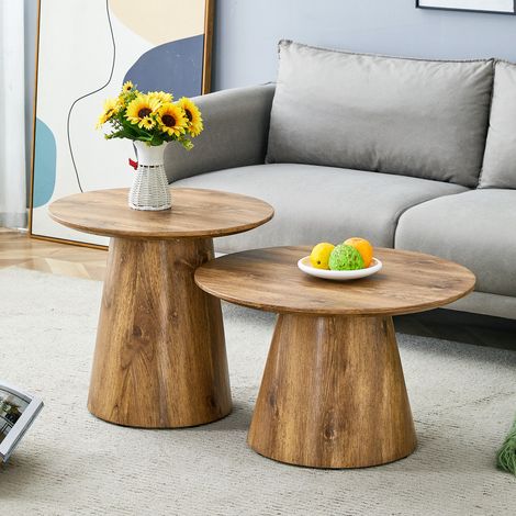 DESMIU Table basse gigogne ronde avec 2 éléments, forme arrondie, pour salon, bois, naturel (1/5)