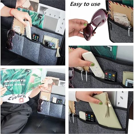Organisateur d'accoudoir antidérapant avec 4 poches, panier de rangement en feutre épais pour canapé et fauteuil inclinable, gris 86 x 40 cm