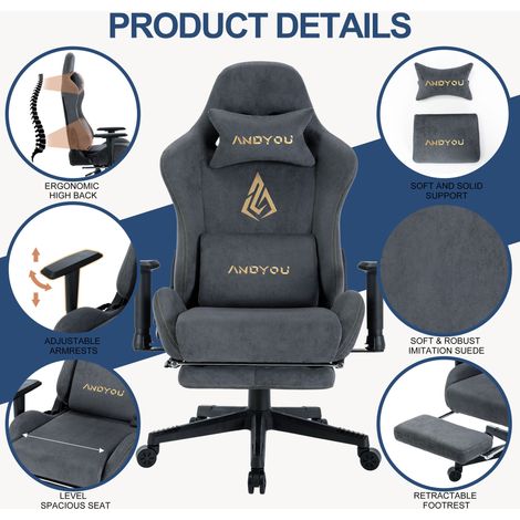 Chaise gaming respirante ANDYOU avec repose-pieds, réglable et pivotante, grise
